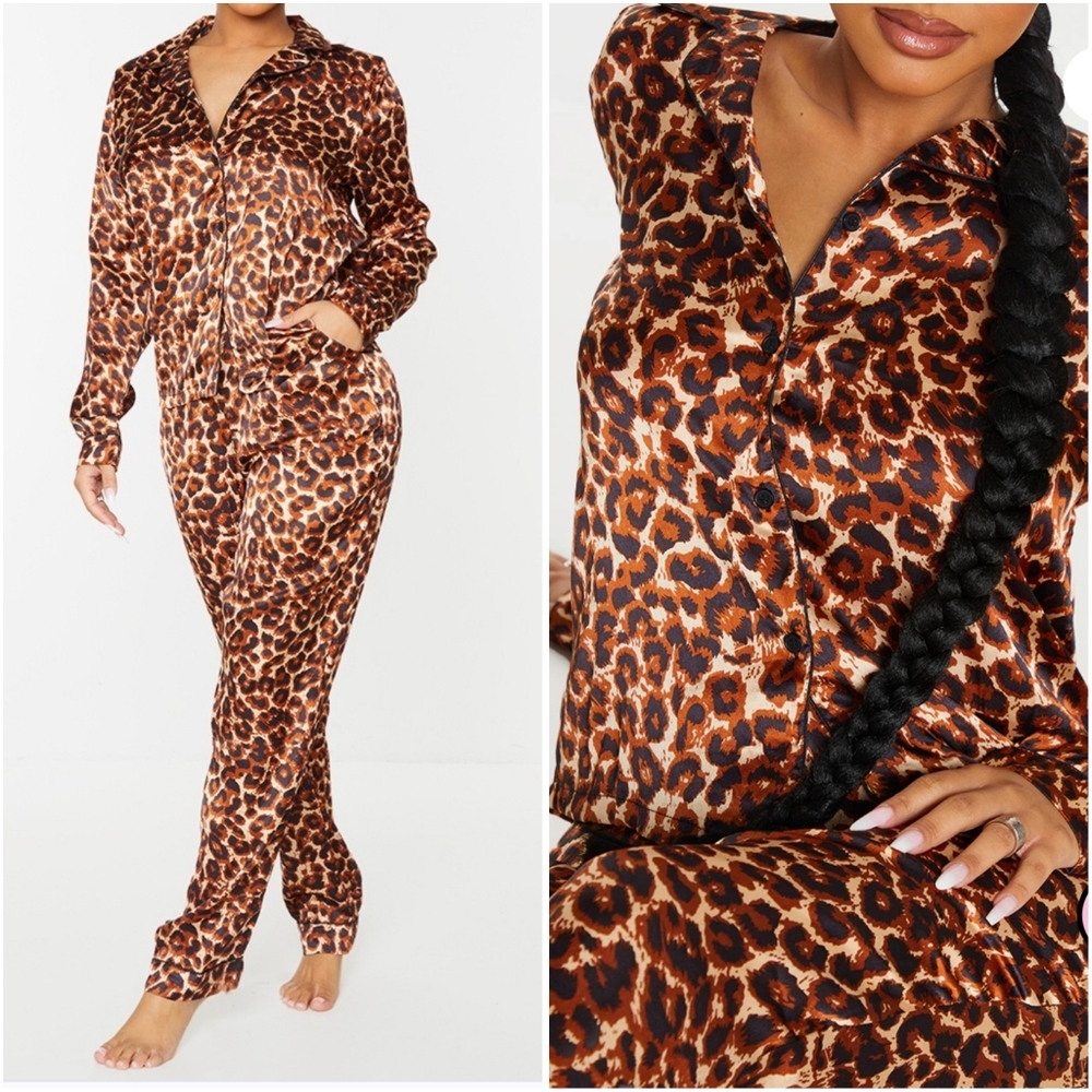 PrettyLittleThing Petite Leopard Satin Pajama Set Long Sleeve US 0